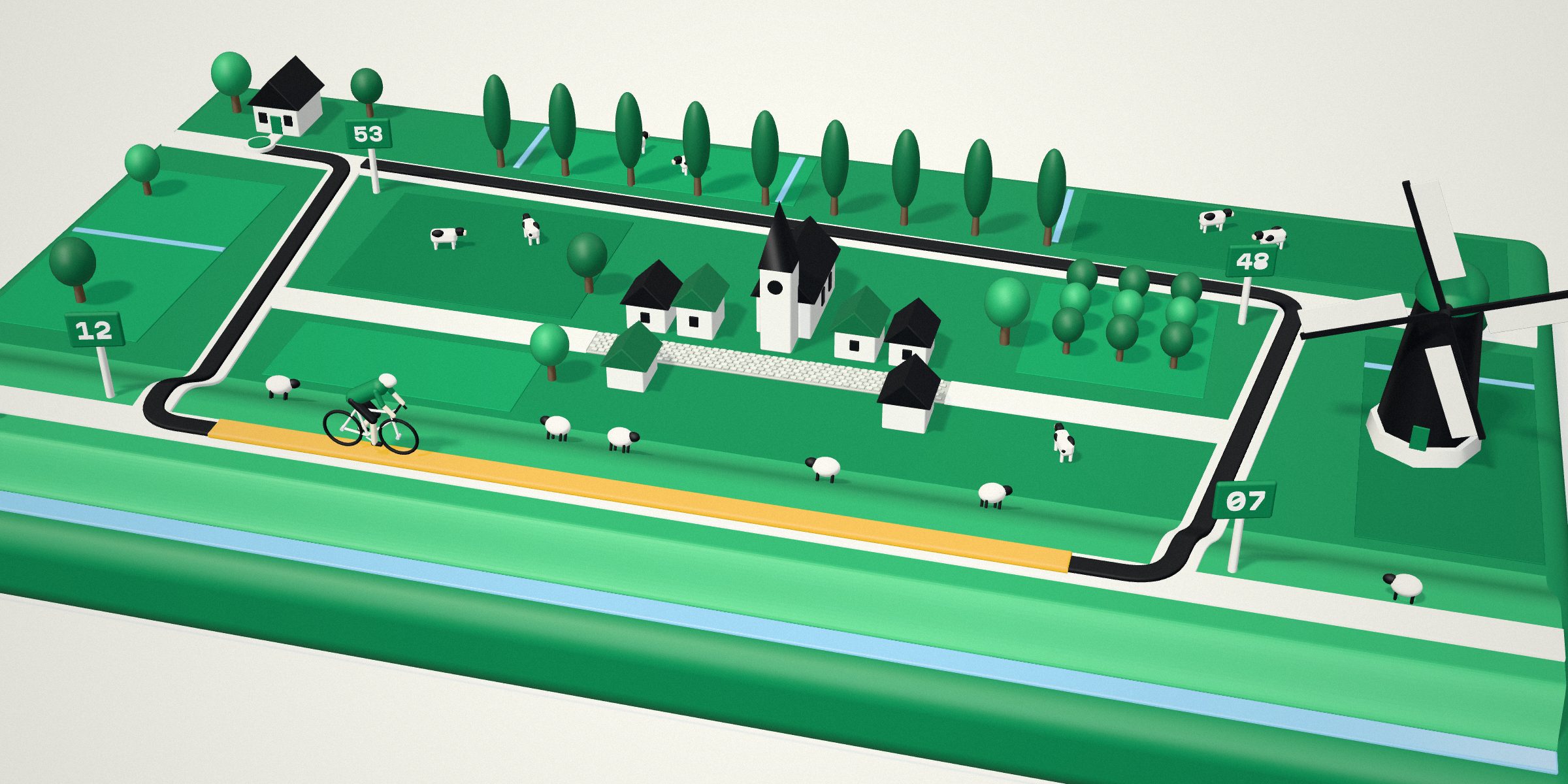 Un polder en 3D : une boucle depuis la porte par les points-nœuds 53, 12, 07 et 48, en contournant les pavés du village. Le bloc dur est en jaune, sur la route droite de la digue, avec un cycliste dessus.