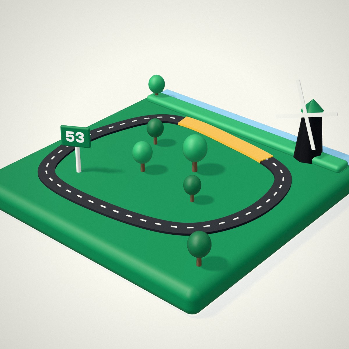 Een poldertje in 3D: een rondje over asfalt, een geel inspanningsblok langs de dijk, een molen en knooppunt 53.